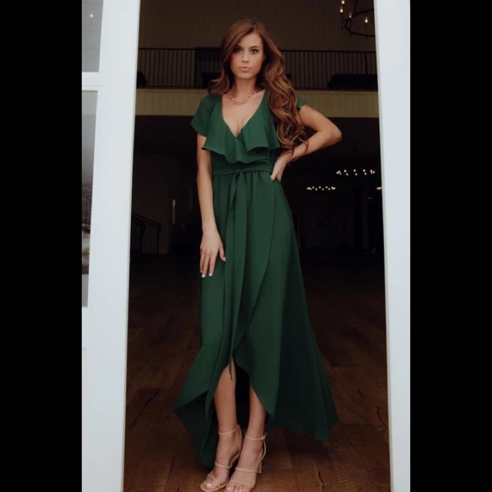Baltic Born Dark Green Ruffle Wrap Maxi Dress